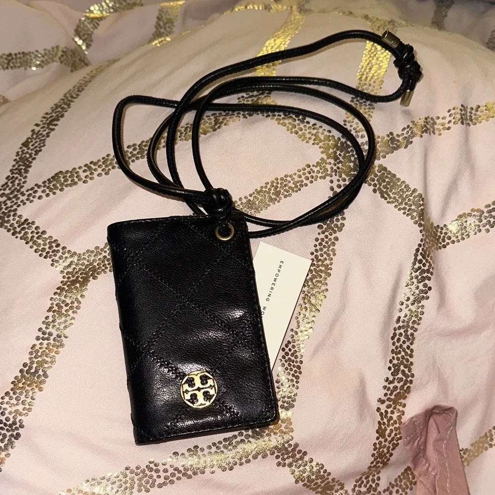 Tory Burch Black Quilted Card Holder Lanyard